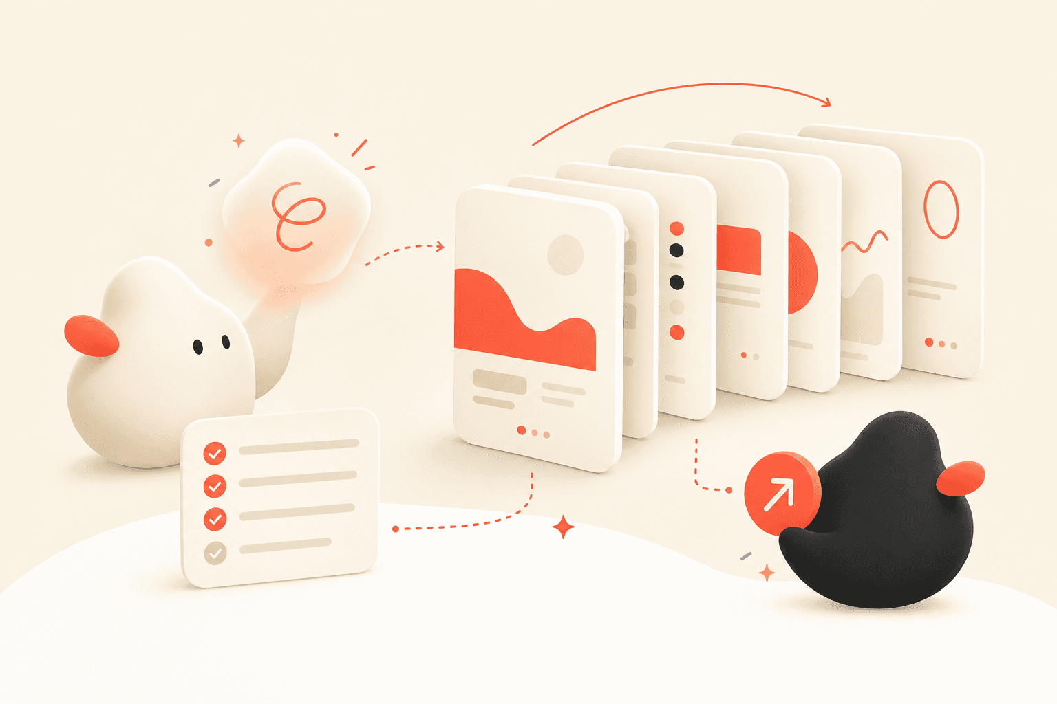 Pandle illustration of an AI idea turning into a structured Instagram-style carousel with rounded cards and coral highlights.