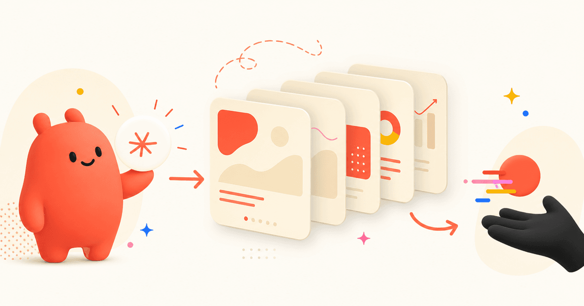 Pandle illustration of an AI idea turning into a structured Instagram-style carousel with rounded cards and coral highlights.