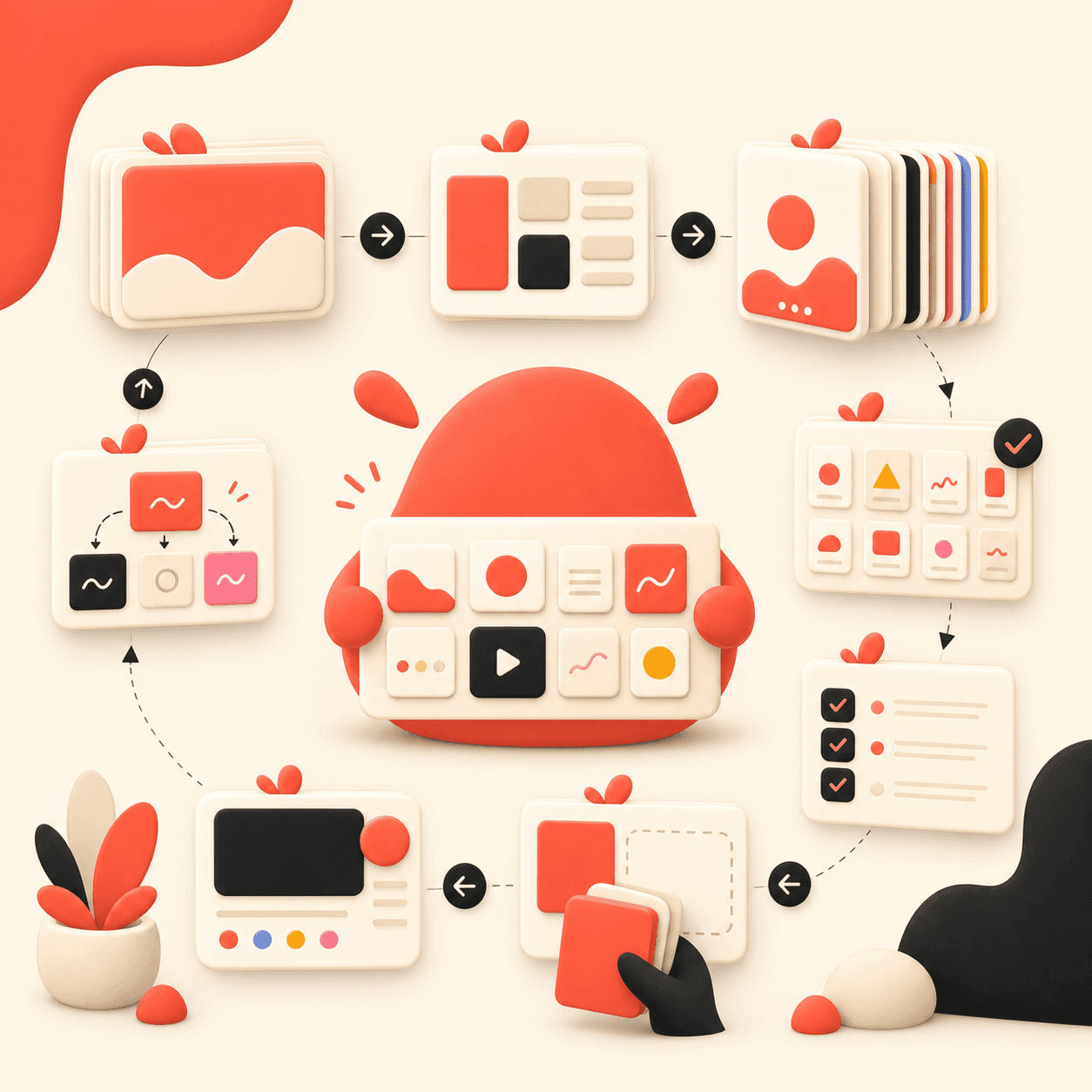 Warm SaaS illustration of a carousel creation workflow with rounded cards, coral highlights, and a friendly blob mascot.