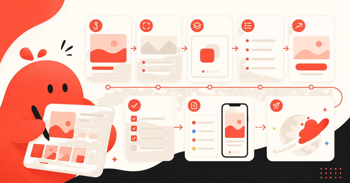 Warm SaaS illustration of a carousel creation workflow with rounded cards, coral highlights, and a friendly blob mascot.