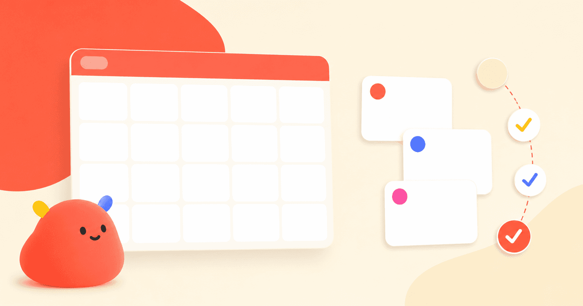 Minimal abstract calendar with blank cards, dots, and a friendly blob mascot in Pandle colors.