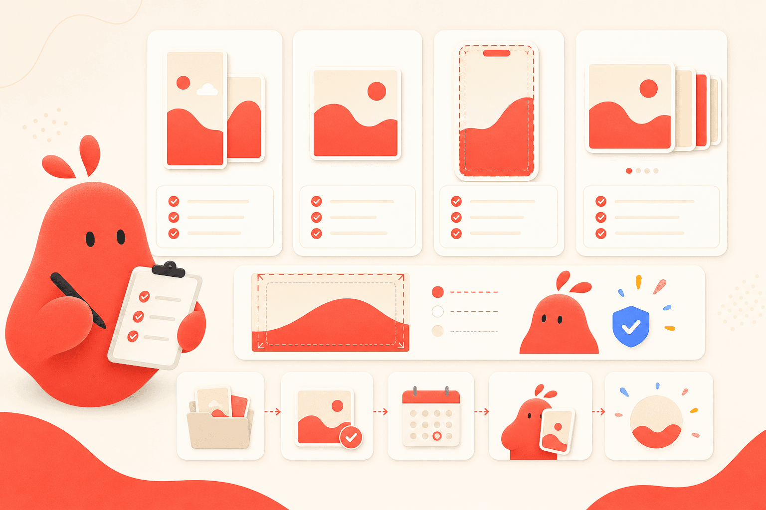 Abstract Pandle illustration of Instagram content formats and safe areas in a coral-and-cream SaaS style.