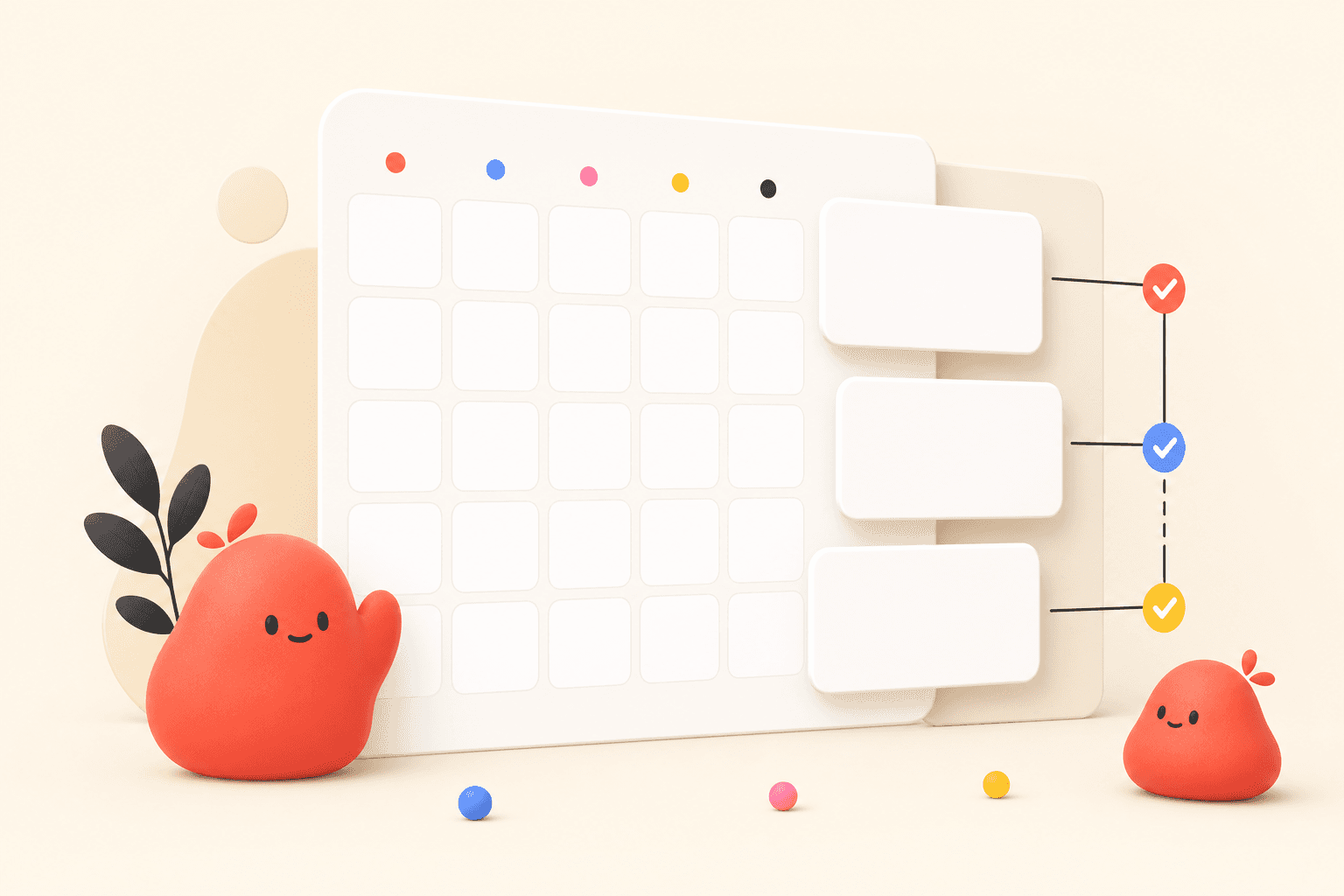 Minimal abstract calendar with blank cards, dots, and a friendly blob mascot in Pandle colors.